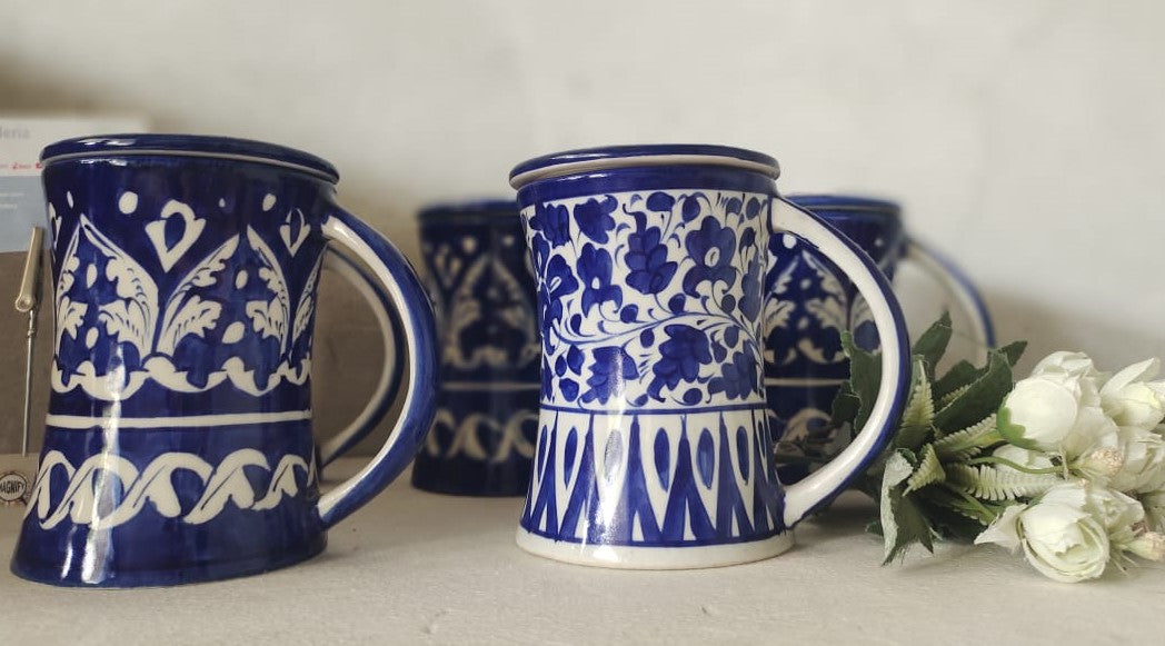 Handmade concave blue pottery mugs with lids | Bundle Deals 6 Mugs set | Tea, Coffee, Juice Mugs