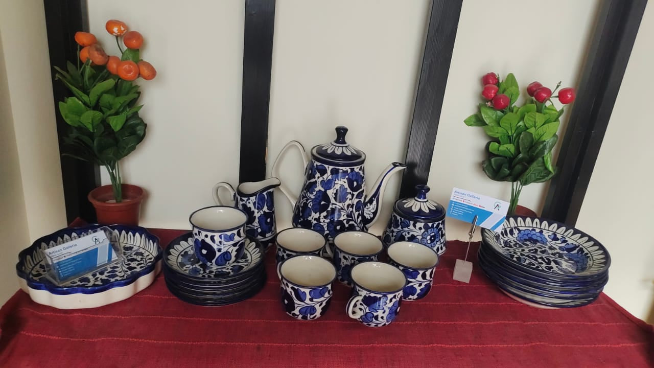 Handmade Ceramic Blue Pottery Tea Set | Quantity 15 pcs