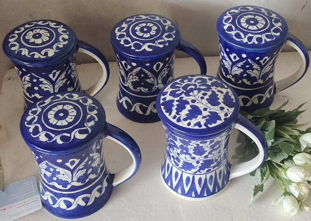 Handmade concave blue pottery mugs with lids | Bundle Deals 6 Mugs set | Tea, Coffee, Juice Mugs