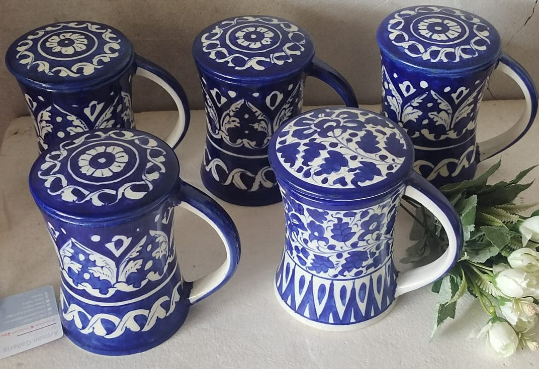Handmade concave blue pottery mugs with lids | Bundle Deals 6 Mugs set | Tea, Coffee, Juice Mugs