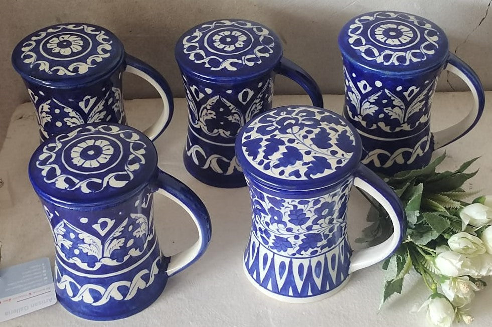Handmade concave blue pottery mugs with lids | Bundle Deals 6 Mugs set | Tea, Coffee, Juice Mugs