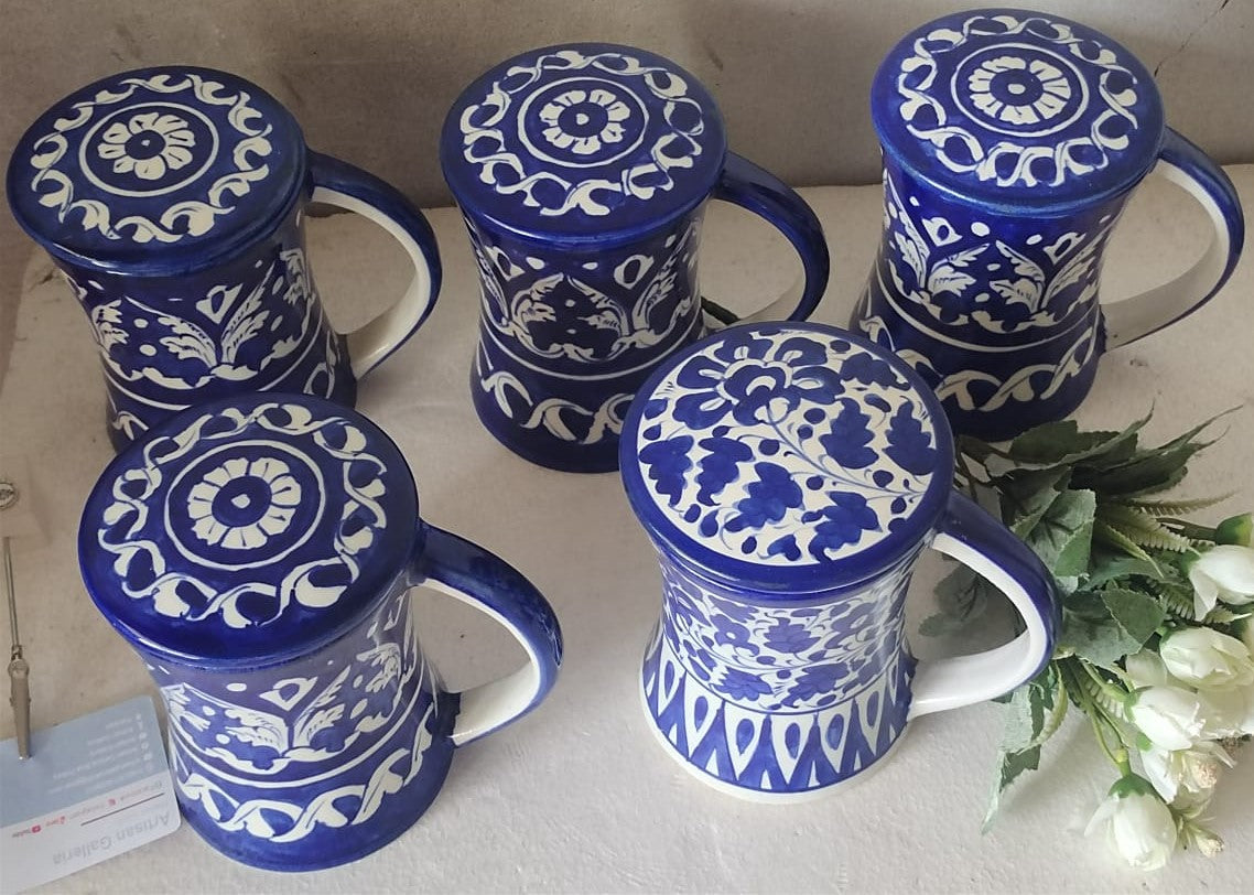 Handmade concave blue pottery mugs with lids | Bundle Deals 6 Mugs set | Tea, Coffee, Juice Mugs