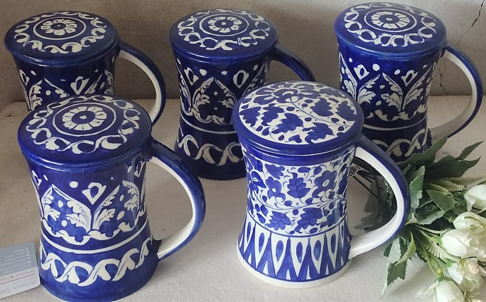 Handmade concave blue pottery mugs with lids | Bundle Deals 6 Mugs set | Tea, Coffee, Juice Mugs