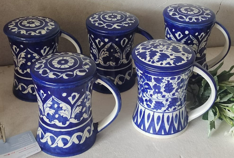 Handmade concave blue pottery mugs with lids | Bundle Deals 6 Mugs set | Tea, Coffee, Juice Mugs