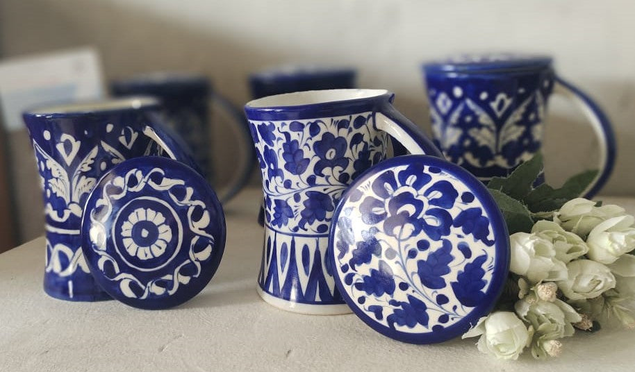 Handmade concave blue pottery mugs with lids | Bundle Deals 6 Mugs set | Tea, Coffee, Juice Mugs