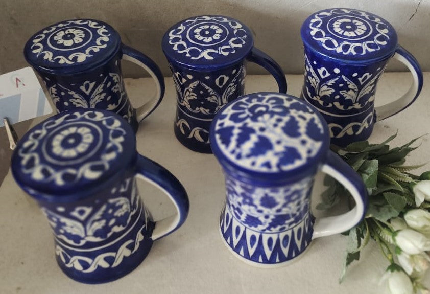 Handmade concave blue pottery mugs with lids | Bundle Deals 6 Mugs set | Tea, Coffee, Juice Mugs
