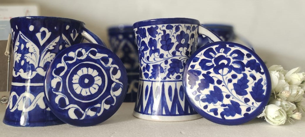 Handmade concave blue pottery mugs with lids | Bundle Deals 6 Mugs set | Tea, Coffee, Juice Mugs
