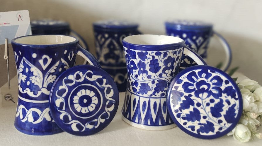 Handmade concave blue pottery mugs with lids | Bundle Deals 6 Mugs set | Tea, Coffee, Juice Mugs