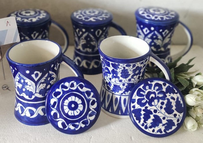 Handmade concave blue pottery mugs with lids | Bundle Deals 6 Mugs set | Tea, Coffee, Juice Mugs
