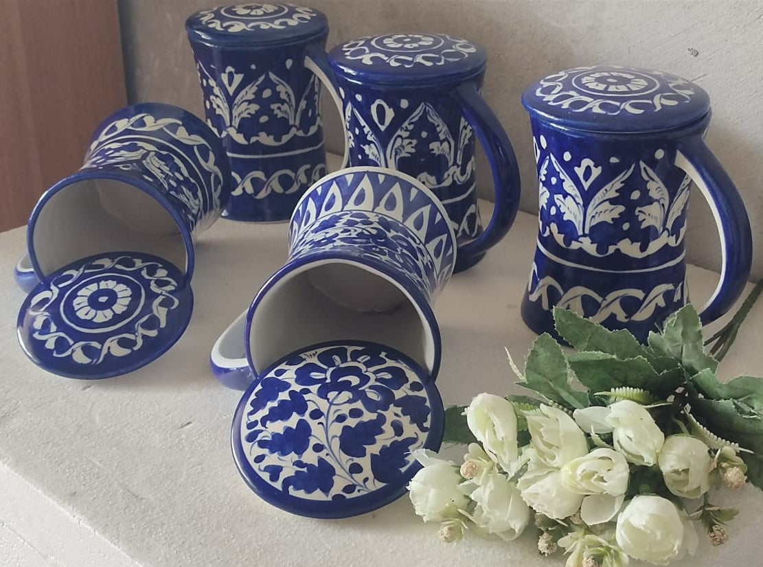 Handmade concave blue pottery mugs with lids | Bundle Deals 6 Mugs set | Tea, Coffee, Juice Mugs