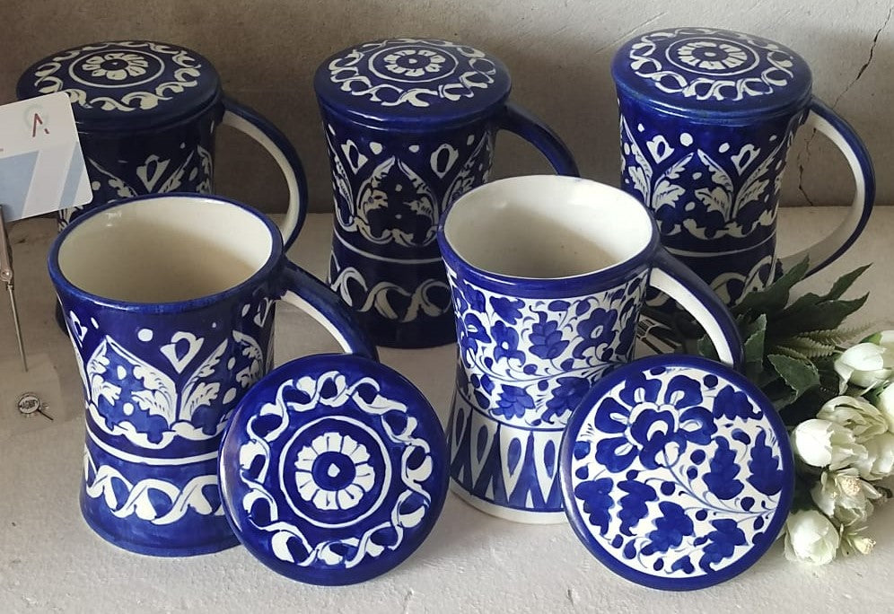 Handmade concave blue pottery mugs with lids | Bundle Deals 6 Mugs set | Tea, Coffee, Juice Mugs