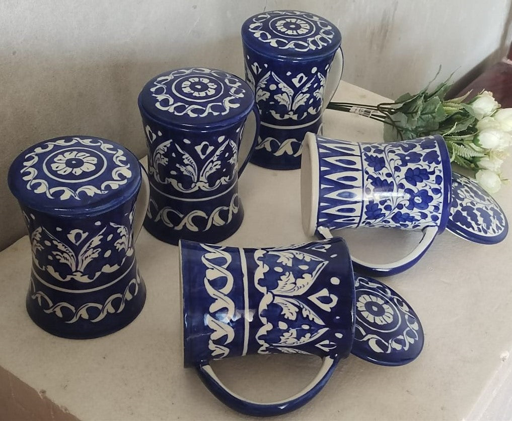Handmade concave blue pottery mugs with lids | Bundle Deals 6 Mugs set | Tea, Coffee, Juice Mugs