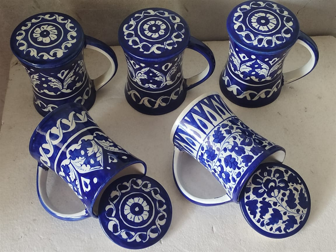 Handmade concave blue pottery mugs with lids | Bundle Deals 6 Mugs set | Tea, Coffee, Juice Mugs