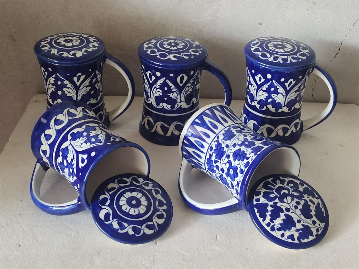 Handmade concave blue pottery mugs with lids | Bundle Deals 6 Mugs set | Tea, Coffee, Juice Mugs