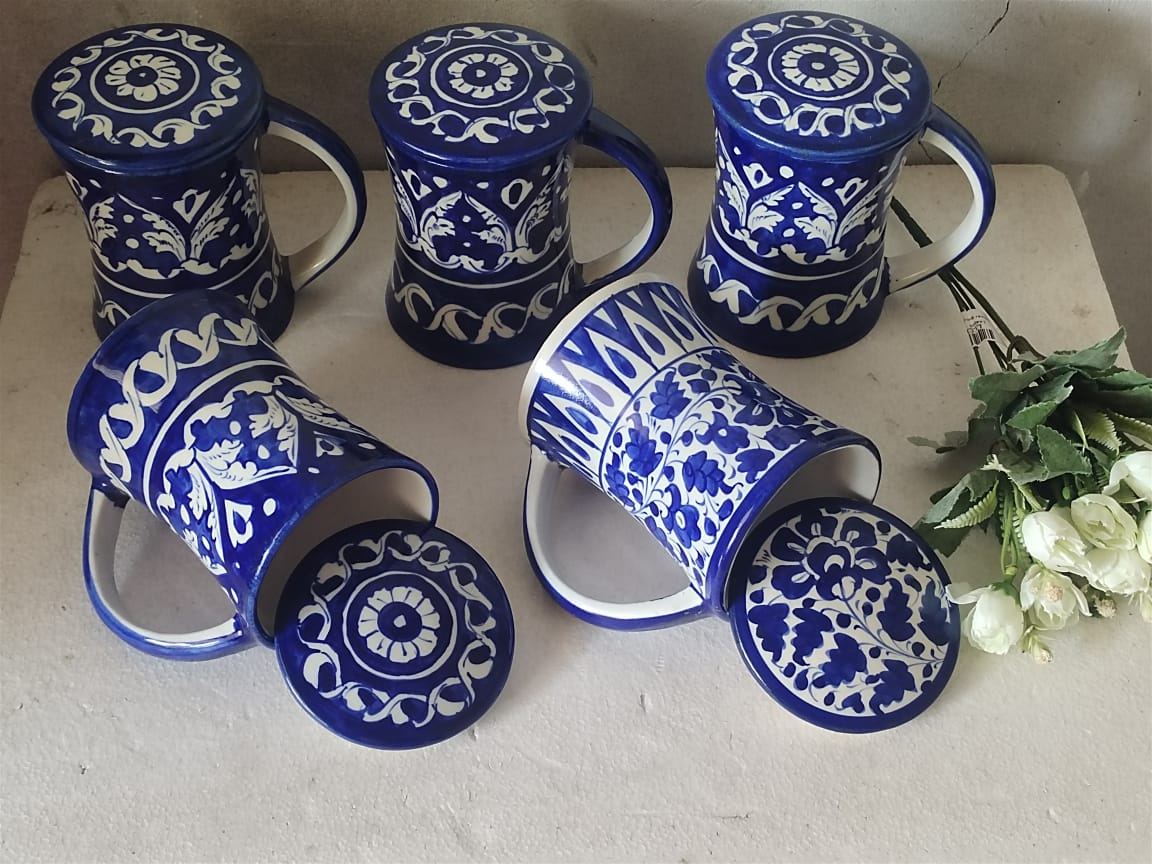 Handmade concave blue pottery mugs with lids | Bundle Deals 6 Mugs set | Tea, Coffee, Juice Mugs