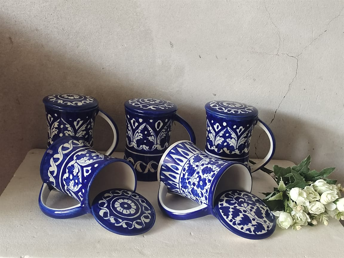 Handmade concave blue pottery mugs with lids | Bundle Deals 6 Mugs set | Tea, Coffee, Juice Mugs