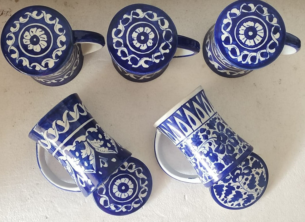 Handmade concave blue pottery mugs with lids | Bundle Deals 6 Mugs set | Tea, Coffee, Juice Mugs