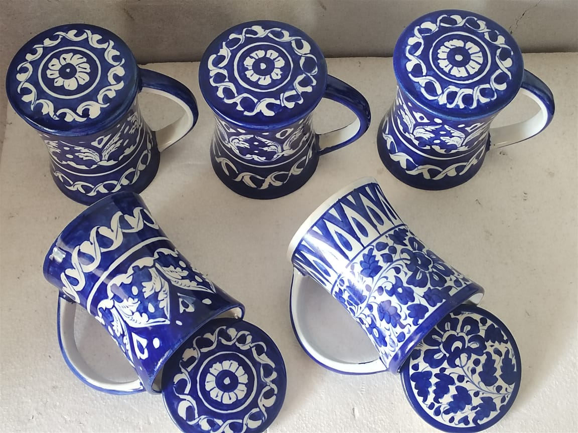 Handmade concave blue pottery mugs with lids | Bundle Deals 6 Mugs set | Tea, Coffee, Juice Mugs