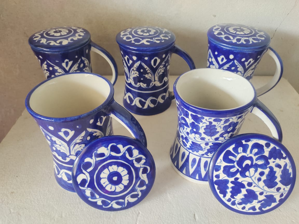 Handmade concave blue pottery mugs with lids | Bundle Deals 6 Mugs set | Tea, Coffee, Juice Mugs