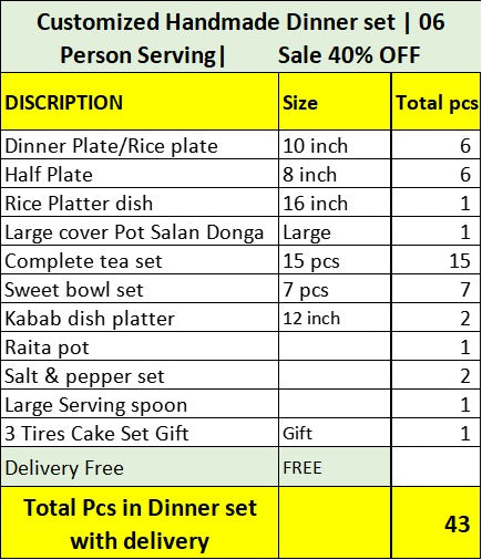 Ceramic Handmade Customized Dinner Set Quantity 43 Pcs, Mother's Day Sale Offer🎁