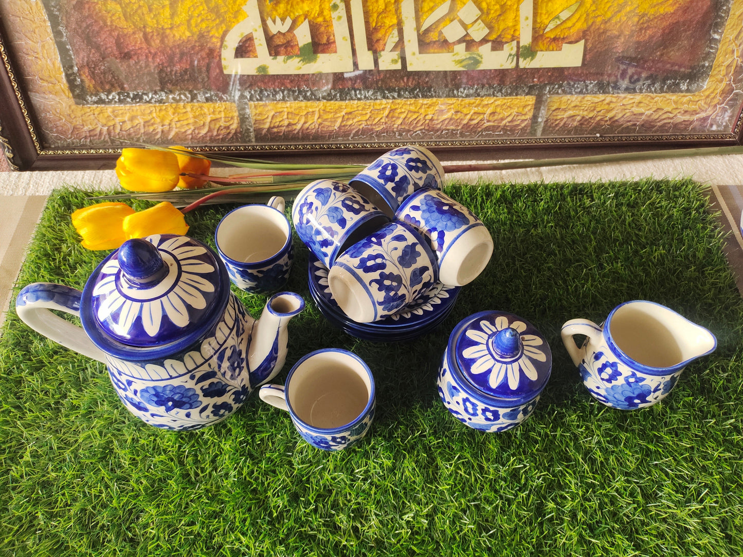 Ceramic Handmade Blue Pottery Tea Set | Quantity 15 pcs