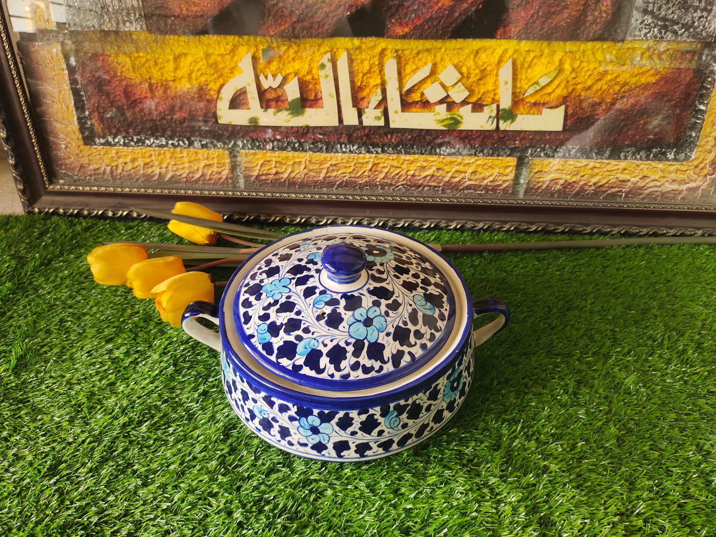 Ceramic Handmade Salan Donga | Serving Bowl Lid cover and Handle | Multani Design | Size Large 9 inch