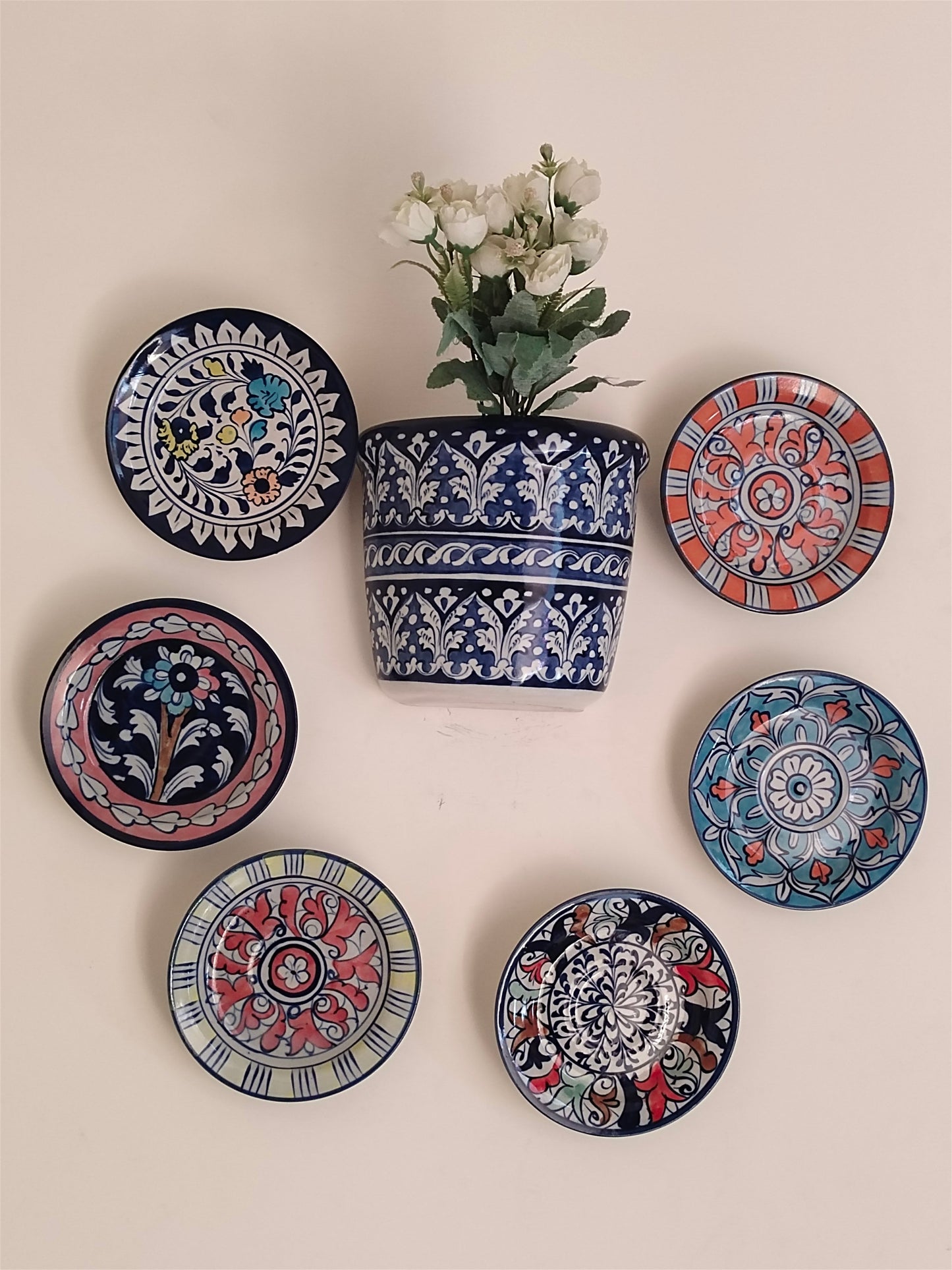 Handmade Customized Wall Hanging Plates Blue Pottery | 7 pcs set