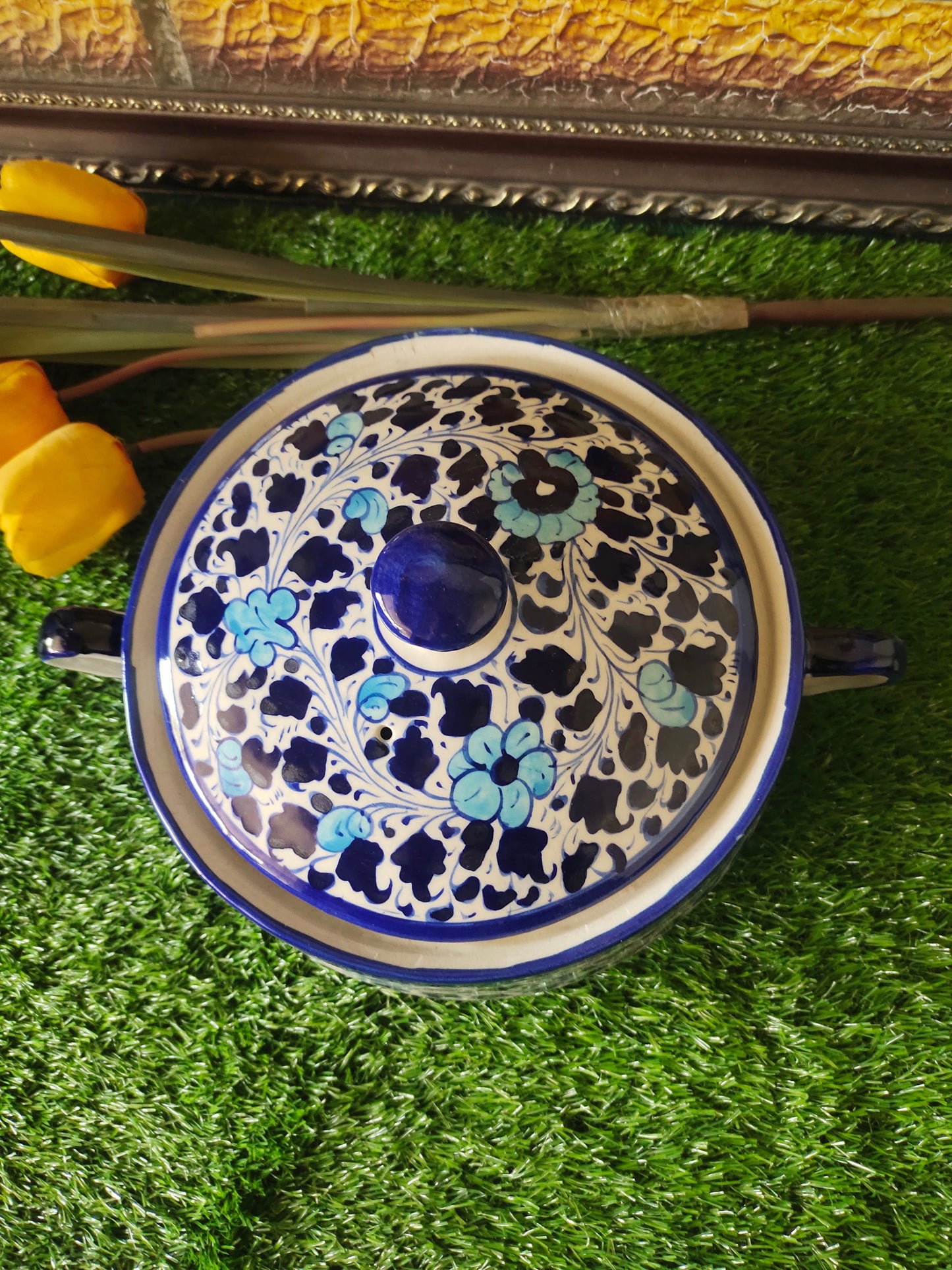 Ceramic Handmade Salan Donga | Serving Bowl Lid cover and Handle | Multani Design | Size Large 9 inch
