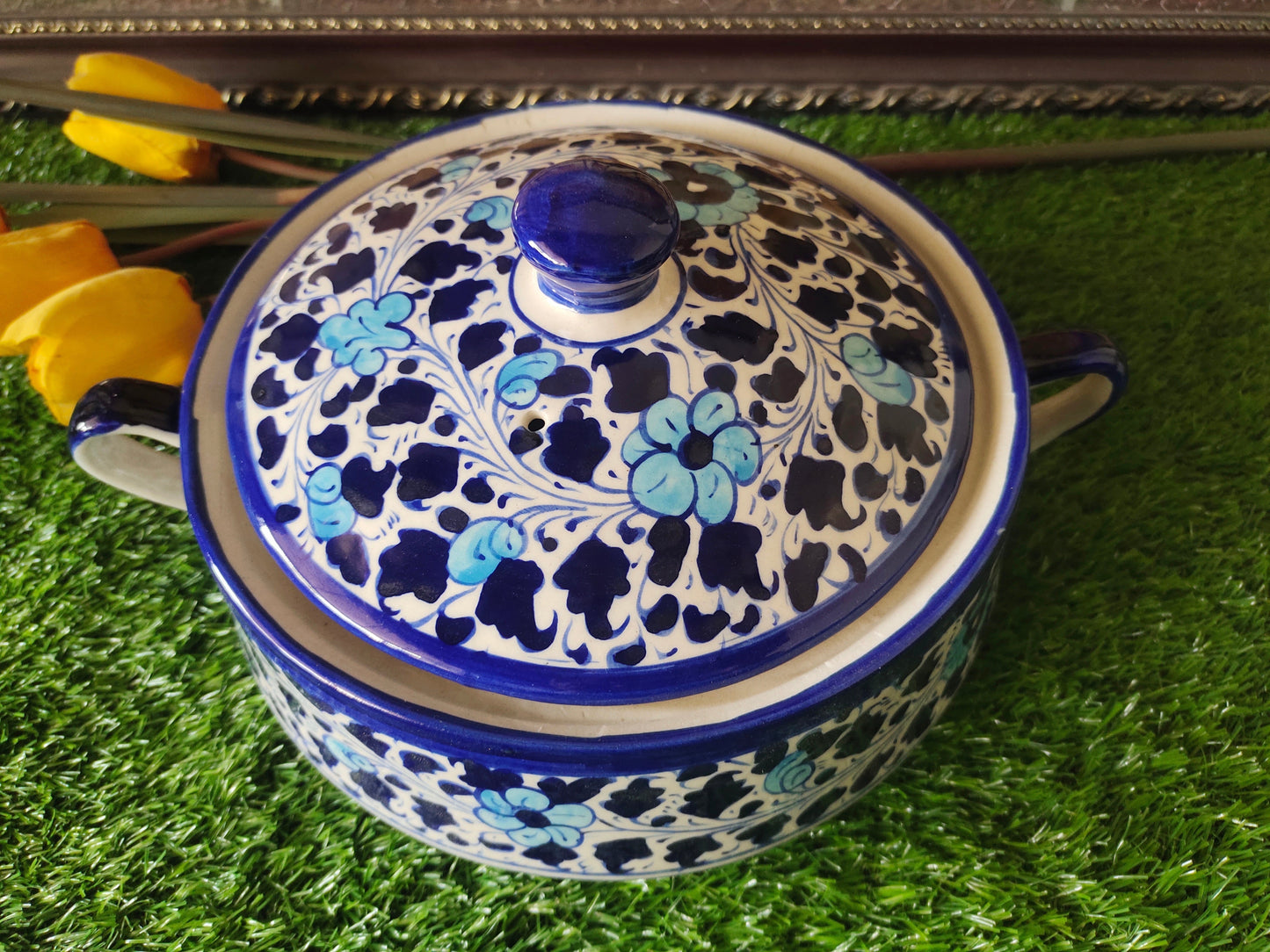 Ceramic Handmade Salan Donga | Serving Bowl Lid cover and Handle | Multani Design | Size Large 9 inch