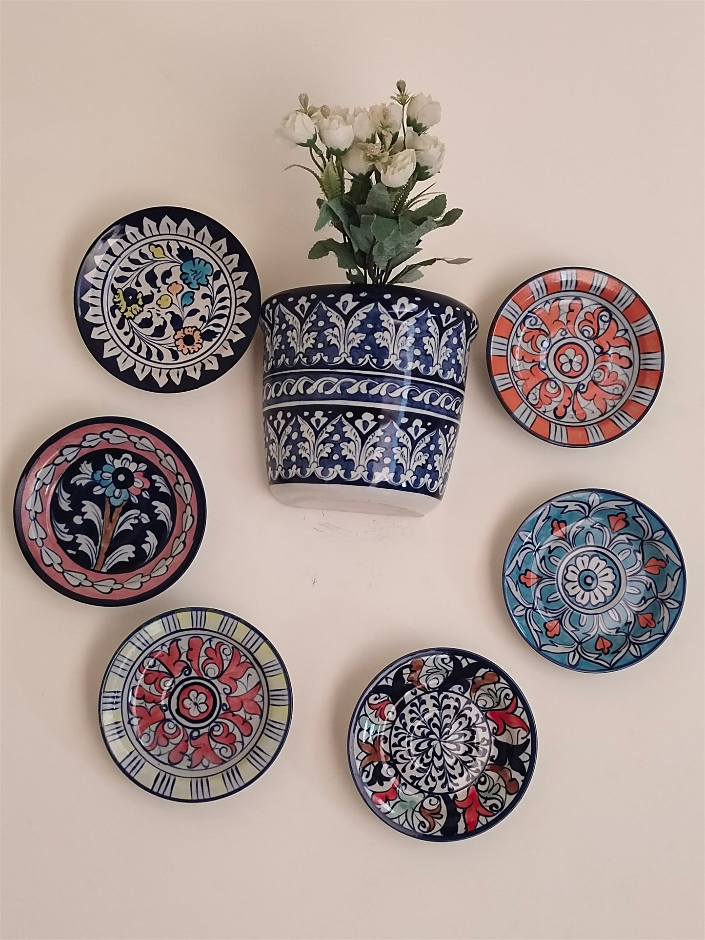 Handmade Customized Wall Hanging Plates Blue Pottery | 7 pcs set