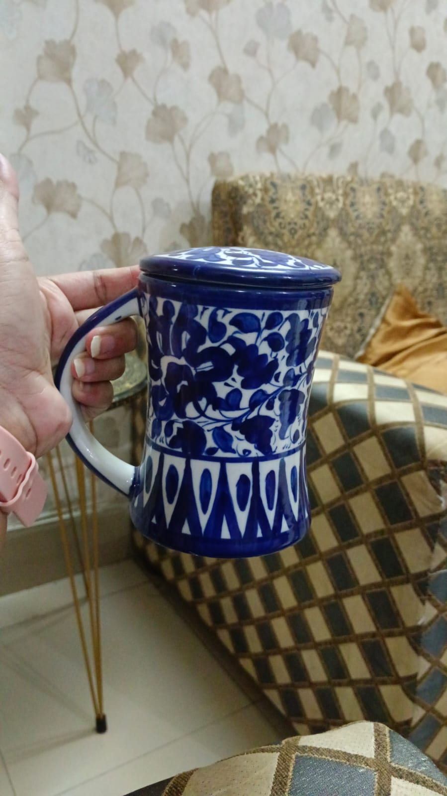 Ceramic Handmade concave blue pottery mug with lid