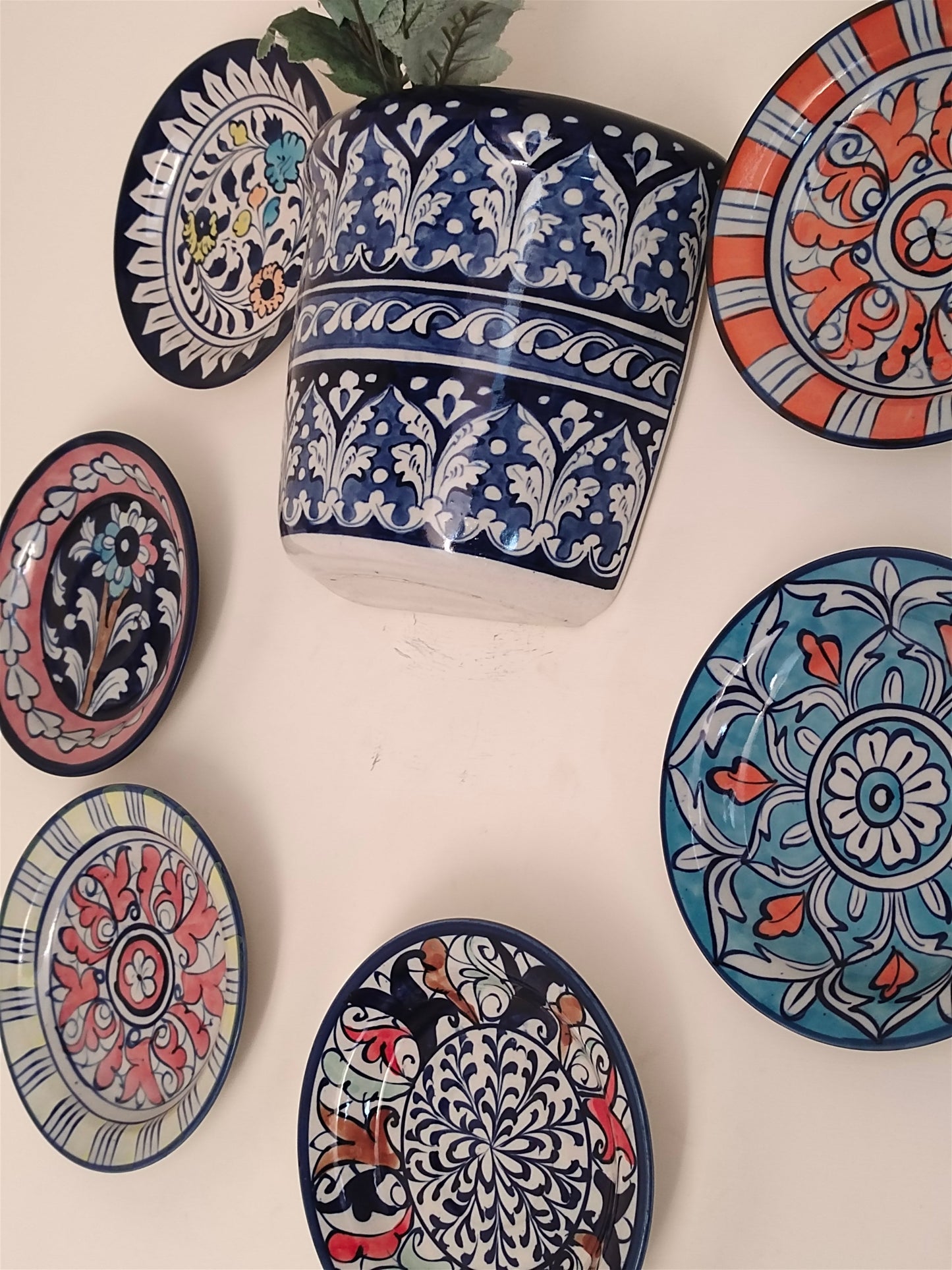 Handmade Customized Wall Hanging Plates Blue Pottery | 7 pcs set