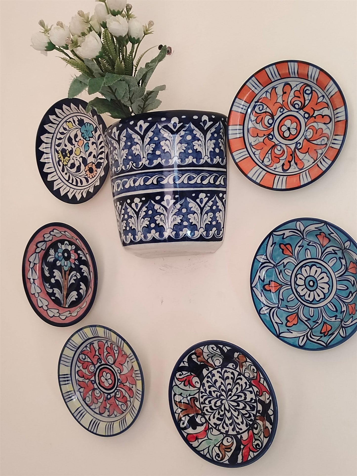 Handmade Customized Wall Hanging Plates Blue Pottery | 7 pcs set