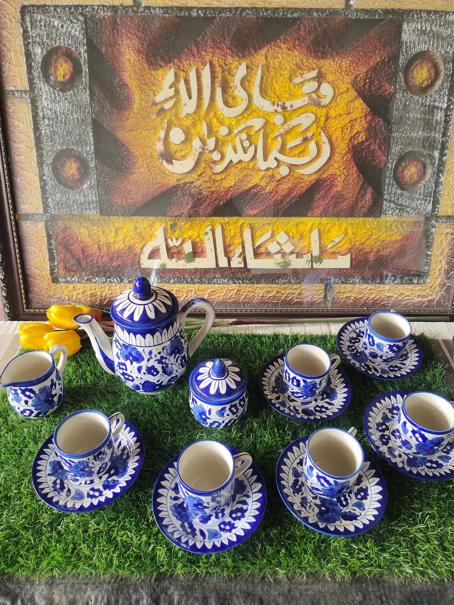 Ceramic Handmade Blue Pottery Tea Set | Quantity 15 pcs