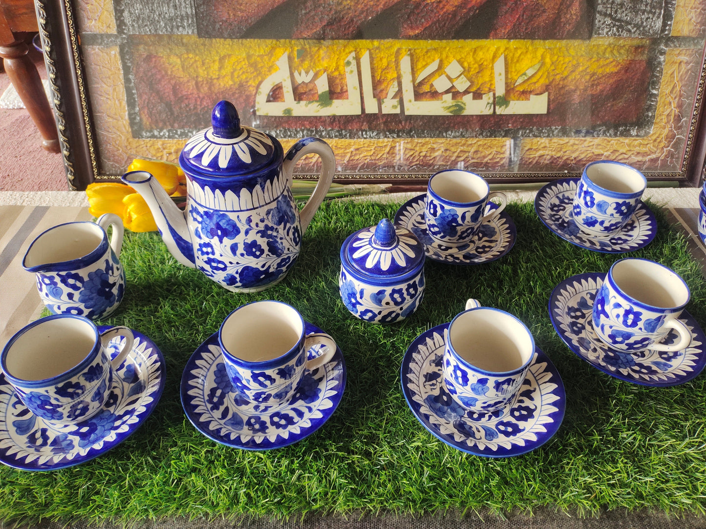 Ceramic Handmade Blue Pottery Tea Set | Quantity 15 pcs