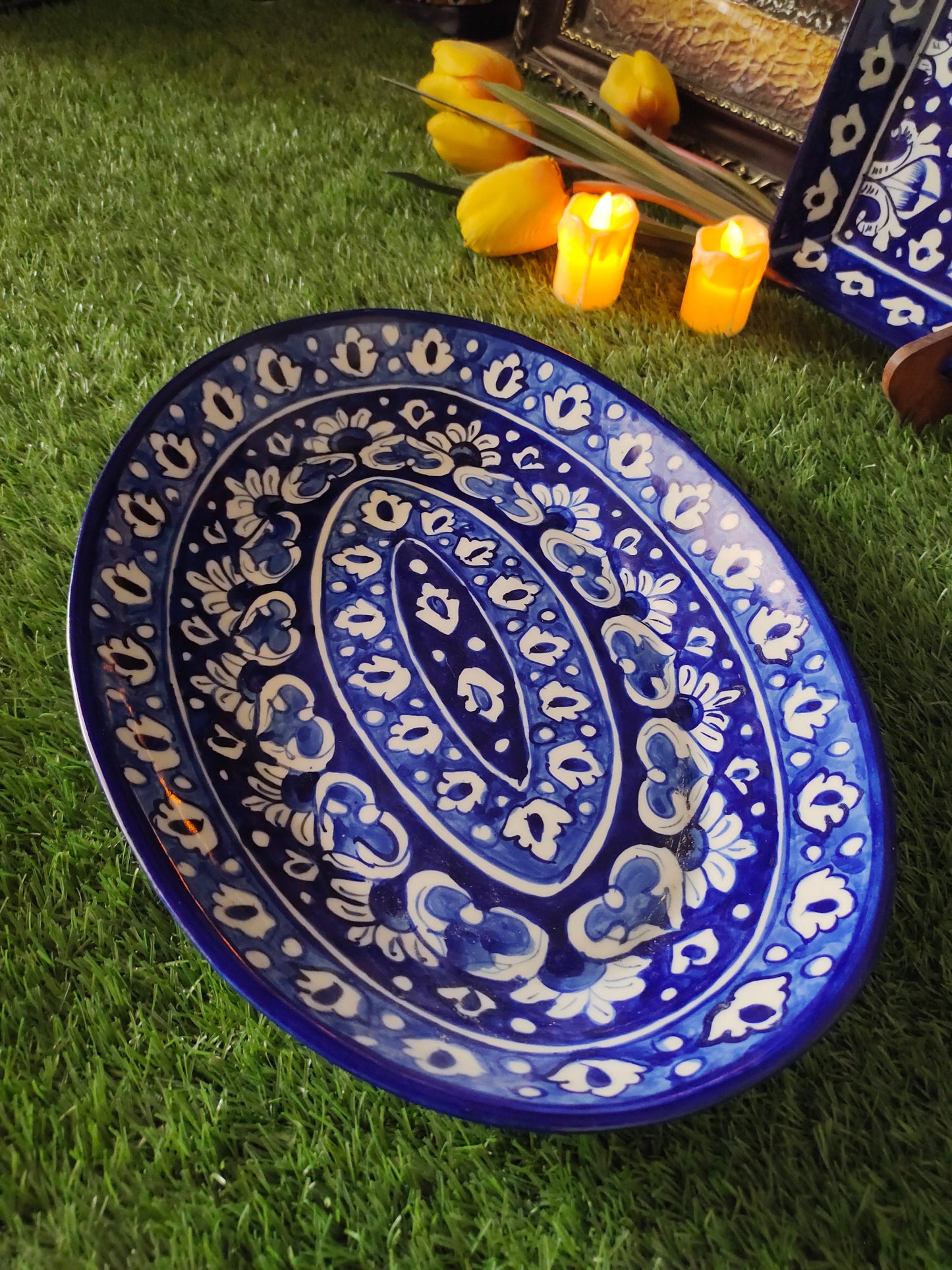 Ceramic Handmade Rice Platter Dish | Khaadi Blue Design | Size 14 inch