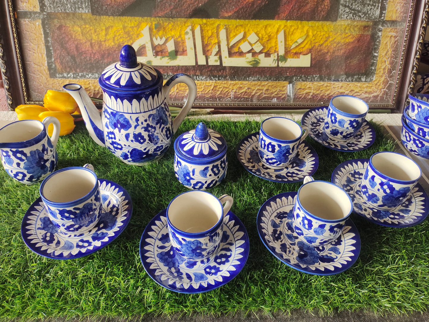 Ceramic Handmade Blue Pottery Tea Set | Quantity 15 pcs