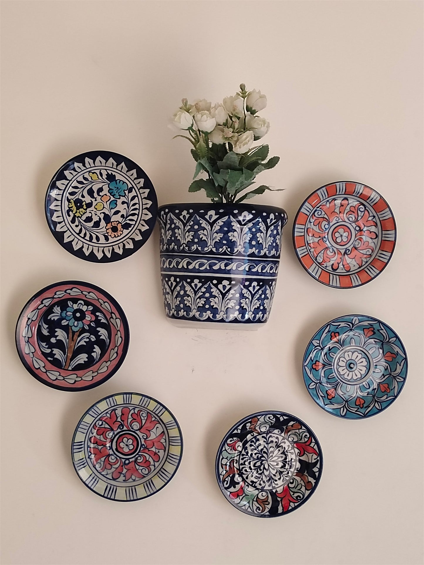 Handmade Customized Wall Hanging Plates Blue Pottery | 7 pcs set