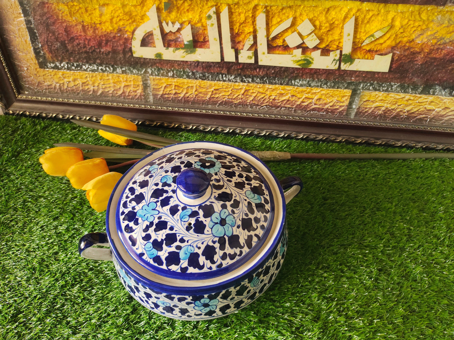 Ceramic Handmade Salan Donga | Serving Bowl Lid cover and Handle | Multani Design | Size Large 9 inch