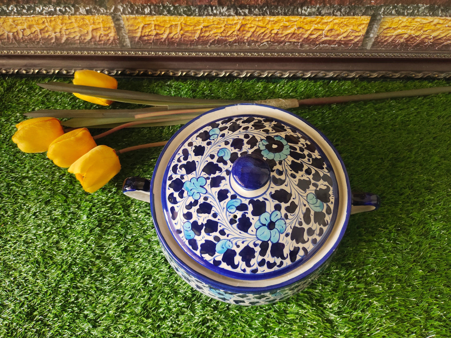 Ceramic Handmade Salan Donga | Serving Bowl Lid cover and Handle | Multani Design | Size Large 9 inch