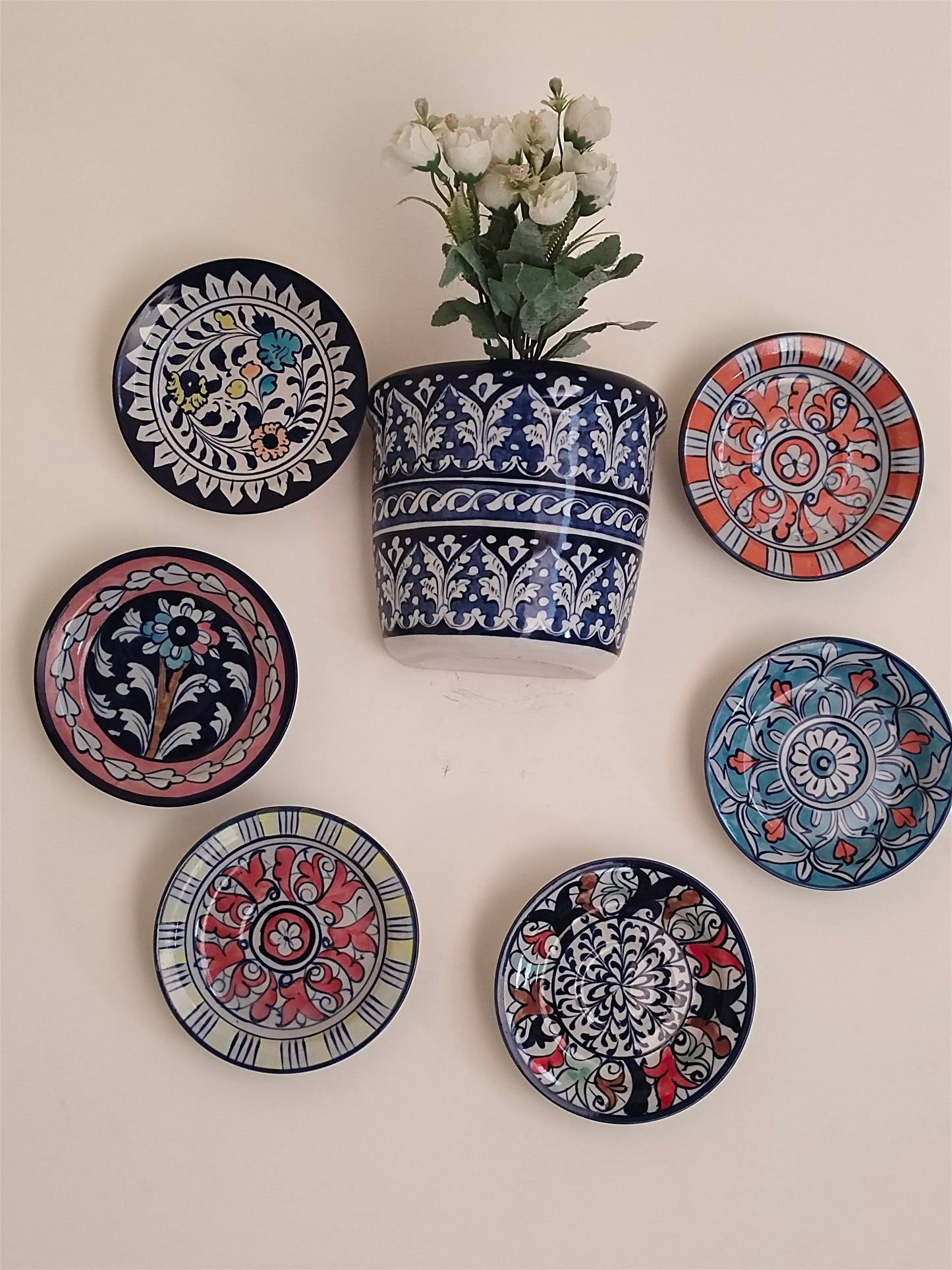 Handmade Customized Wall Hanging Plates Blue Pottery | 7 pcs set