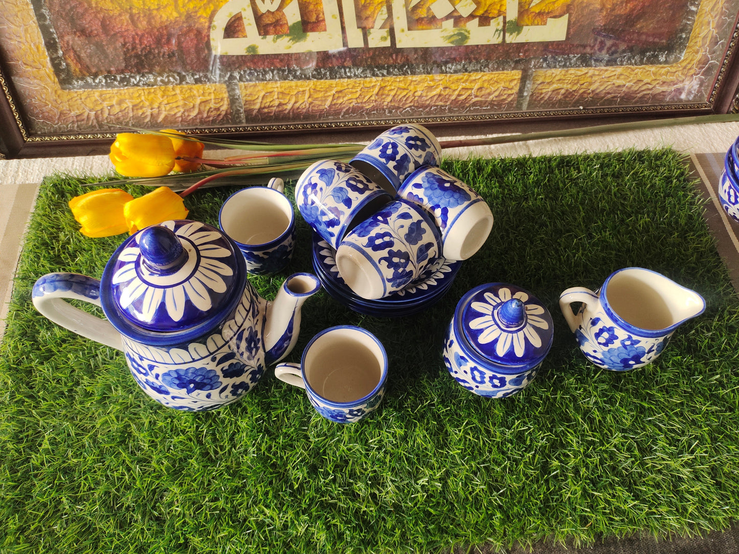 Ceramic Handmade Blue Pottery Tea Set | Quantity 15 pcs