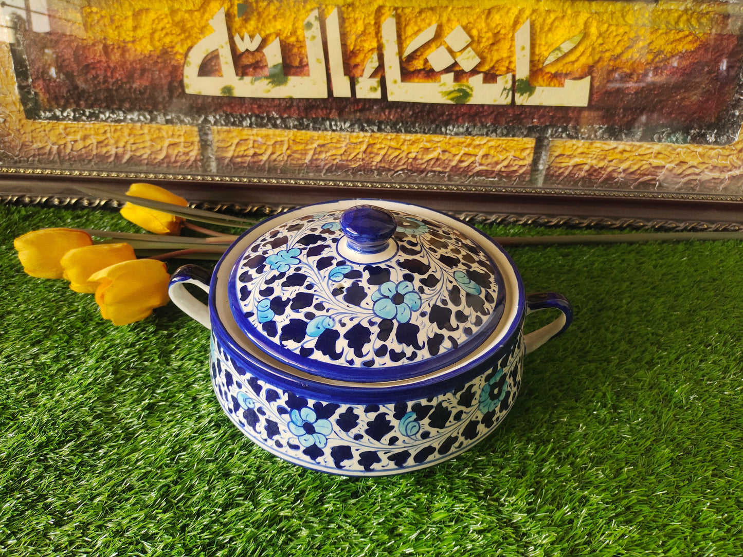 Ceramic Handmade Salan Donga | Serving Bowl Lid cover and Handle | Multani Design | Size Large 9 inch