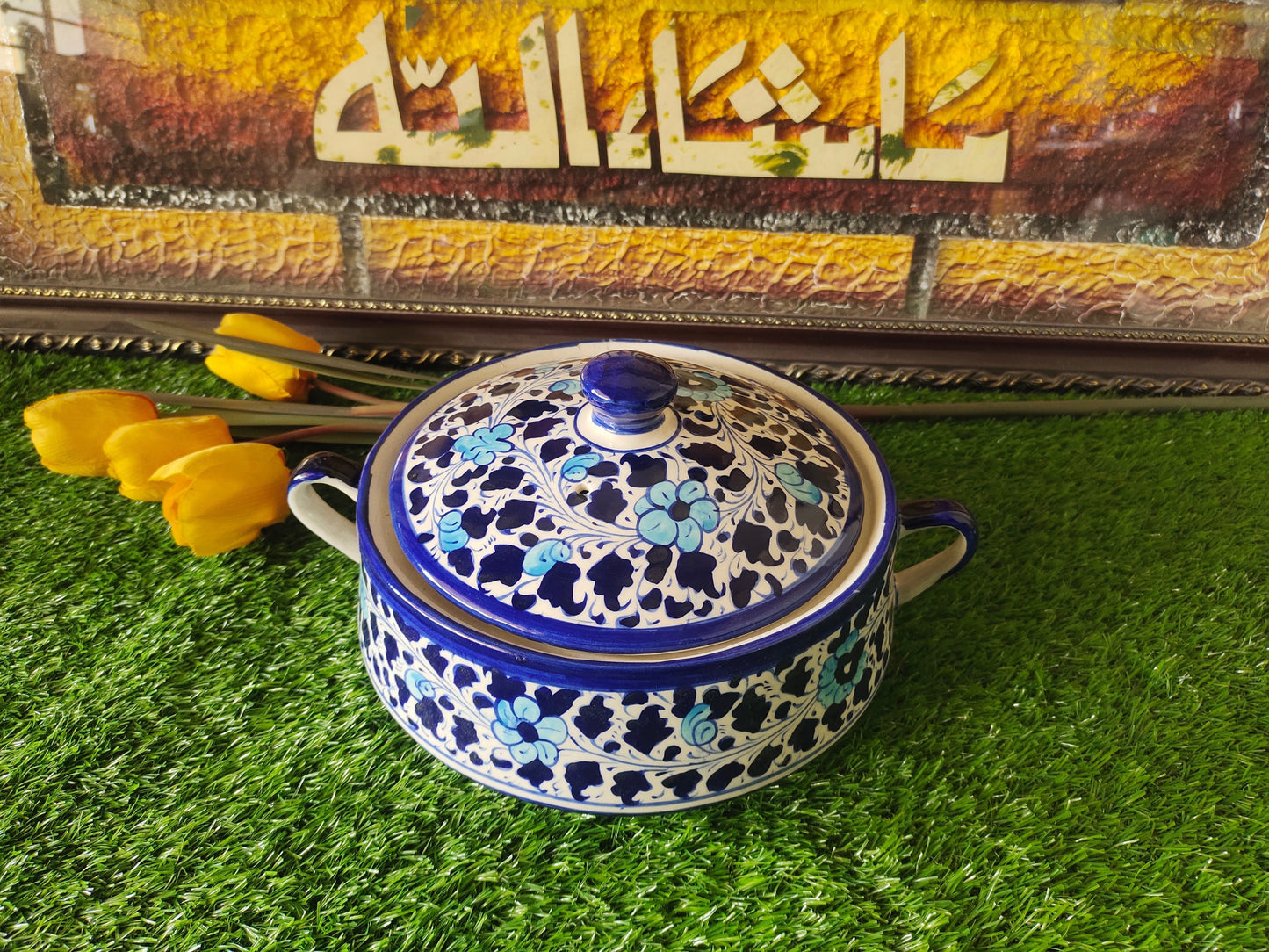 Ceramic Handmade Salan Donga | Serving Bowl Lid cover and Handle | Multani Design | Size Large 9 inch