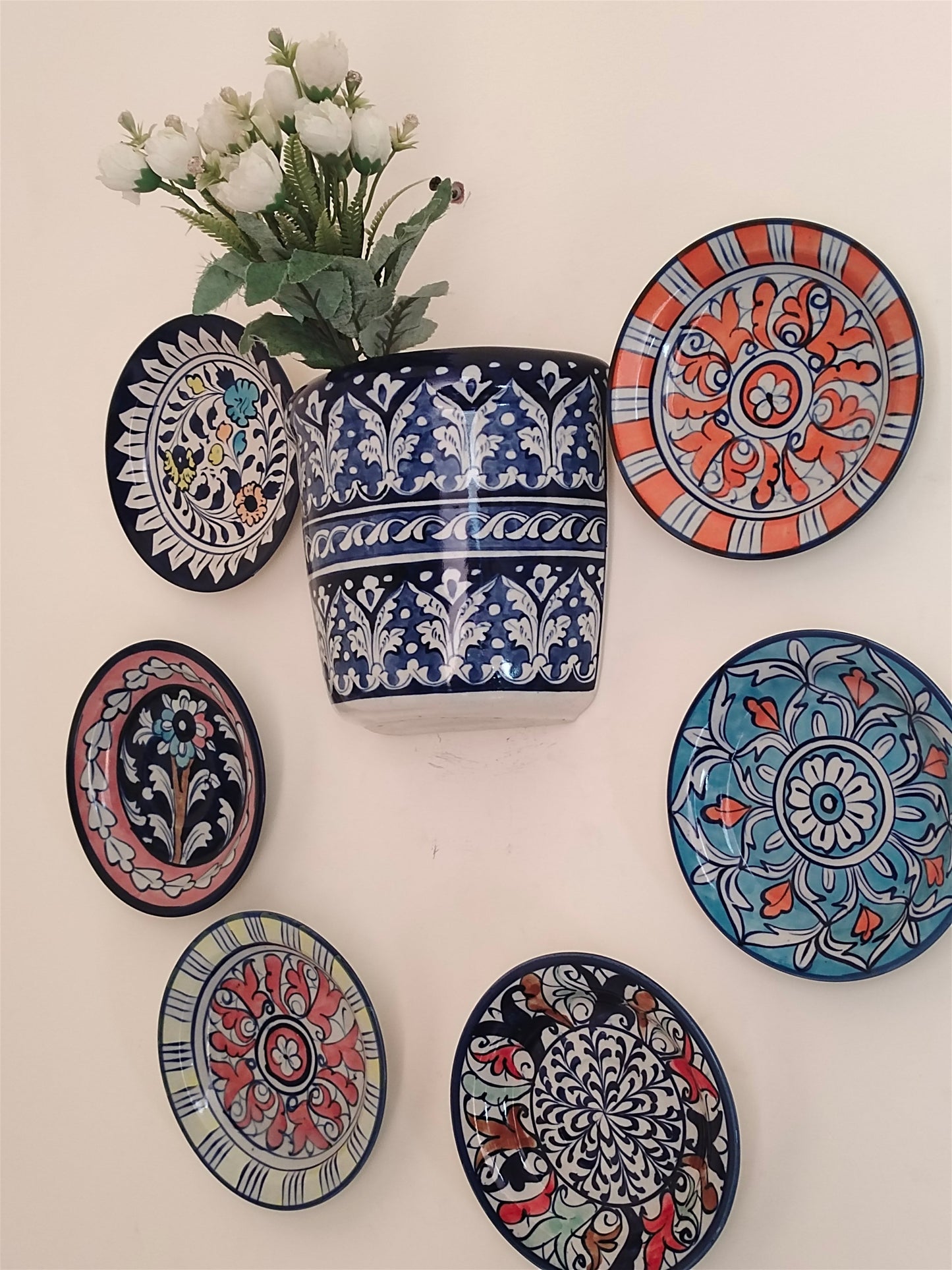 Handmade Customized Wall Hanging Plates Blue Pottery | 7 pcs set