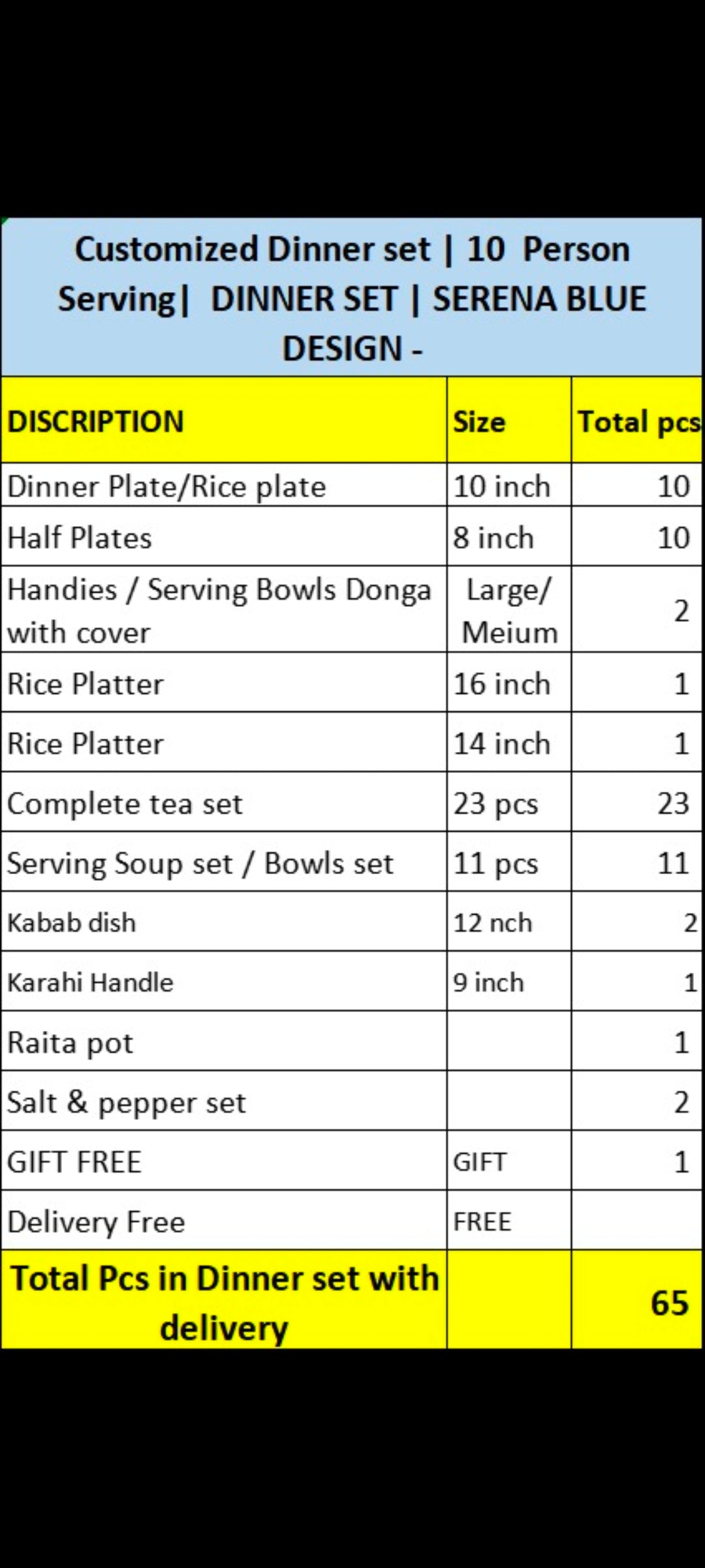Ceramic Handmade Customized Dinner Set | 10 Men Set | Sareena Design | 65 Pcs