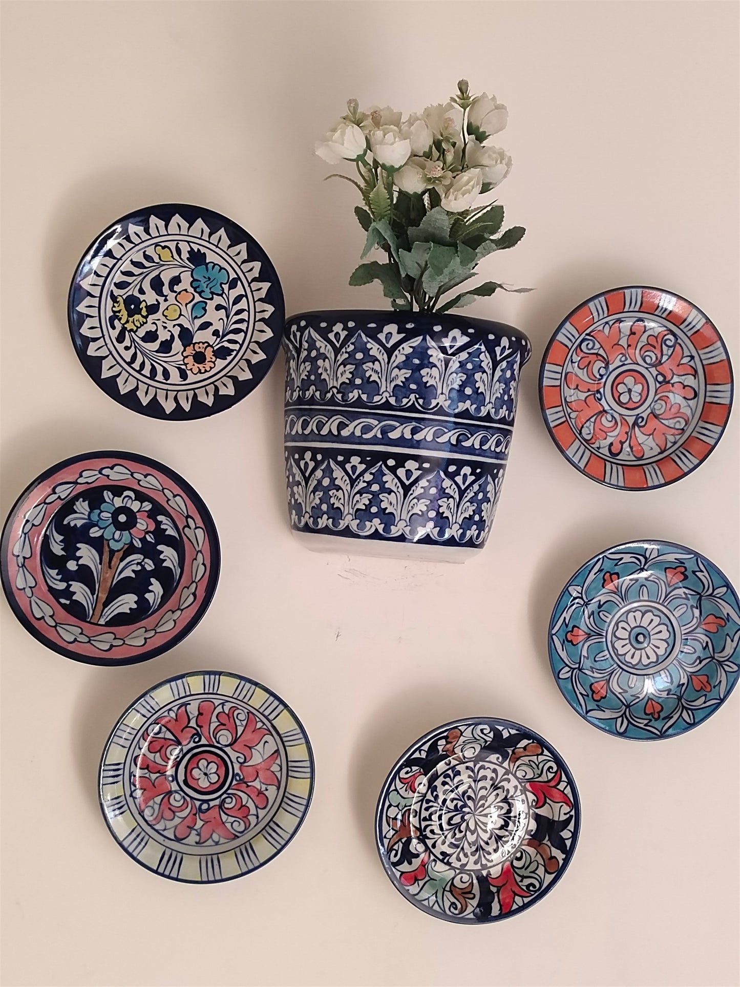 Handmade Customized Wall Hanging Plates Blue Pottery | 7 pcs set
