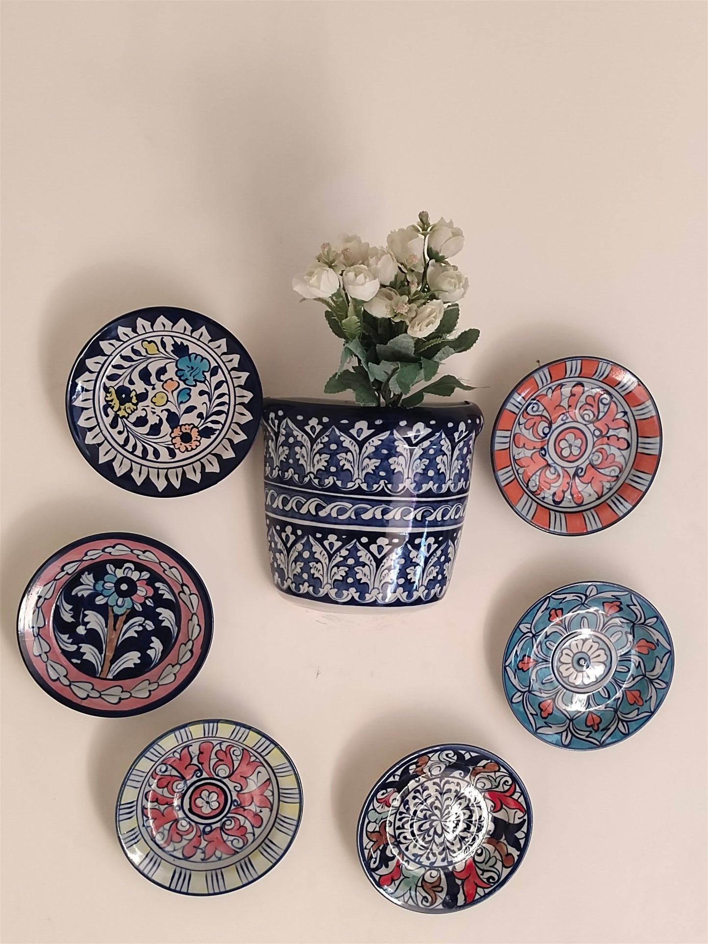 Handmade Customized Wall Hanging Plates Blue Pottery | 7 pcs set