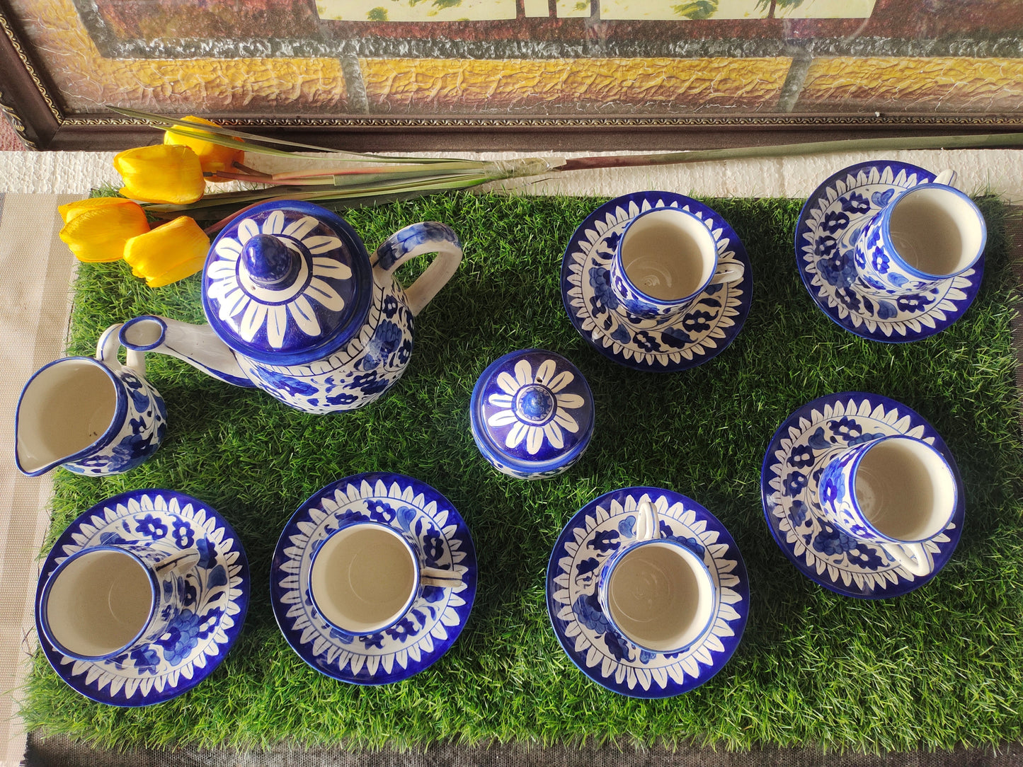 Ceramic Handmade Blue Pottery Tea Set | Quantity 15 pcs