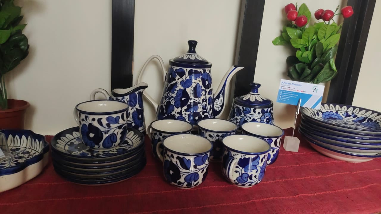 Handmade Ceramic Blue Pottery Tea Set | Quantity 15 pcs